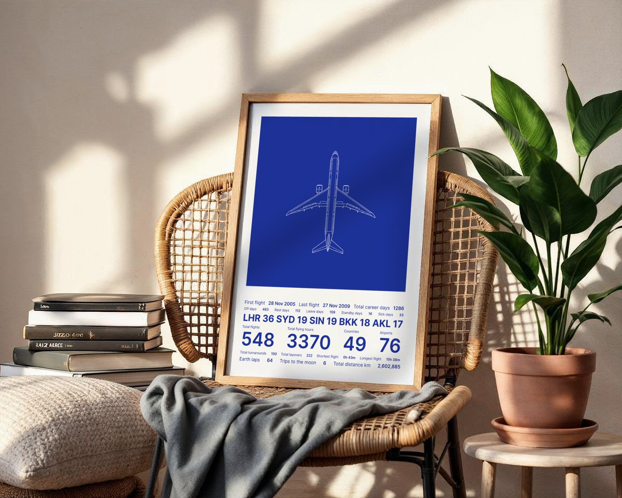 Blueprint-style Flyingtime poster displayed in a room