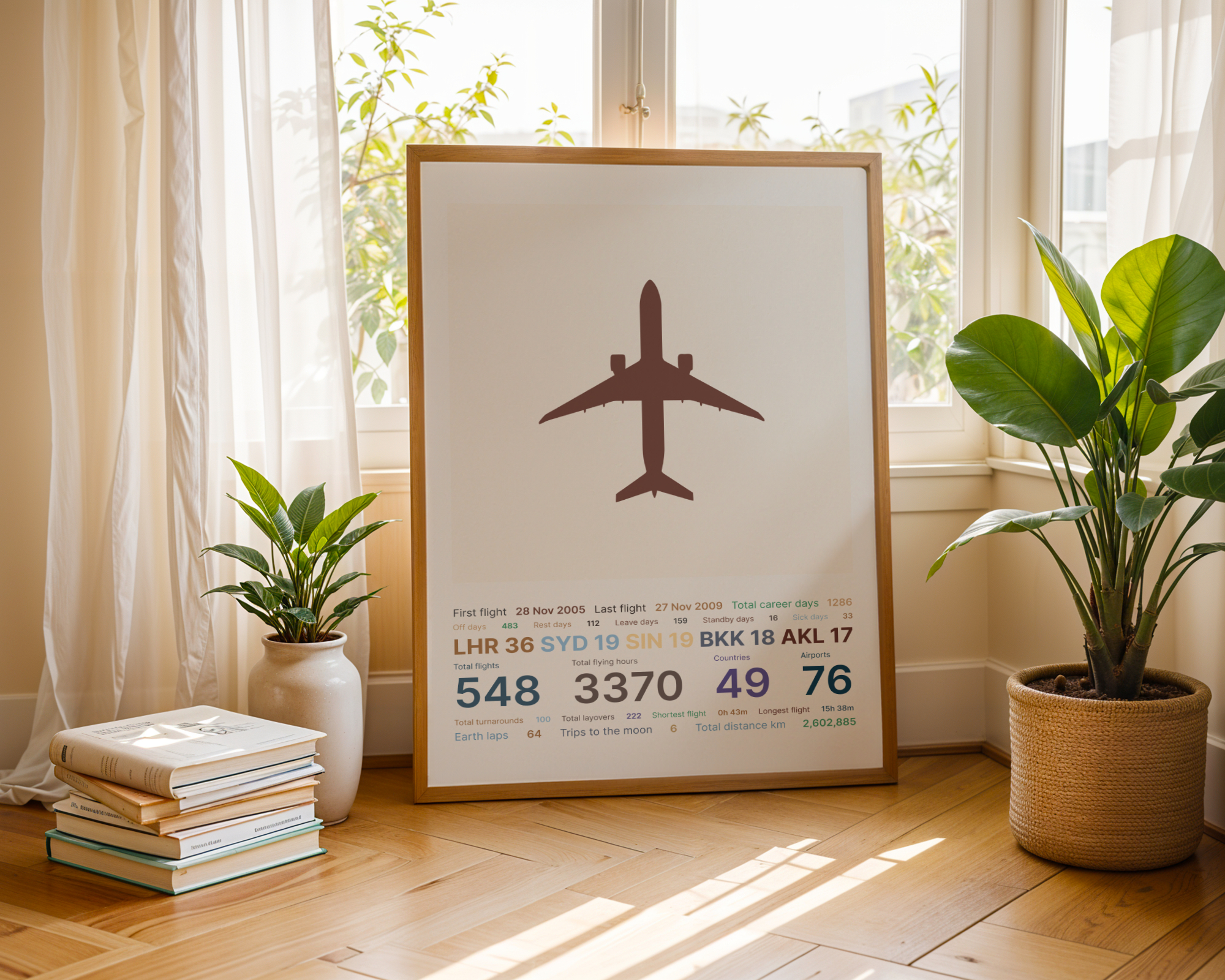 Blueprint-style Flyingtime poster displayed in a room